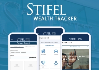 Stifel Wealth Tracker; Image of 3 cell phones with the wealth tracker features on them.